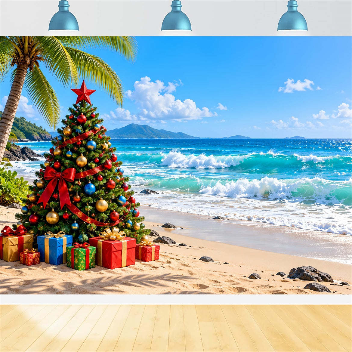 Christmas Tree Backdrops Tropical Beach Holiday Palms Christmas Themed Backdrop LXX610-179