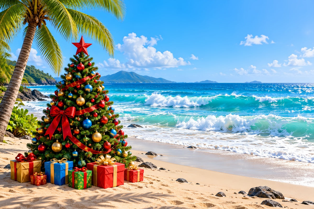 Christmas Tree Backdrops Tropical Beach Holiday Palms Christmas Themed Backdrop LXX610-179