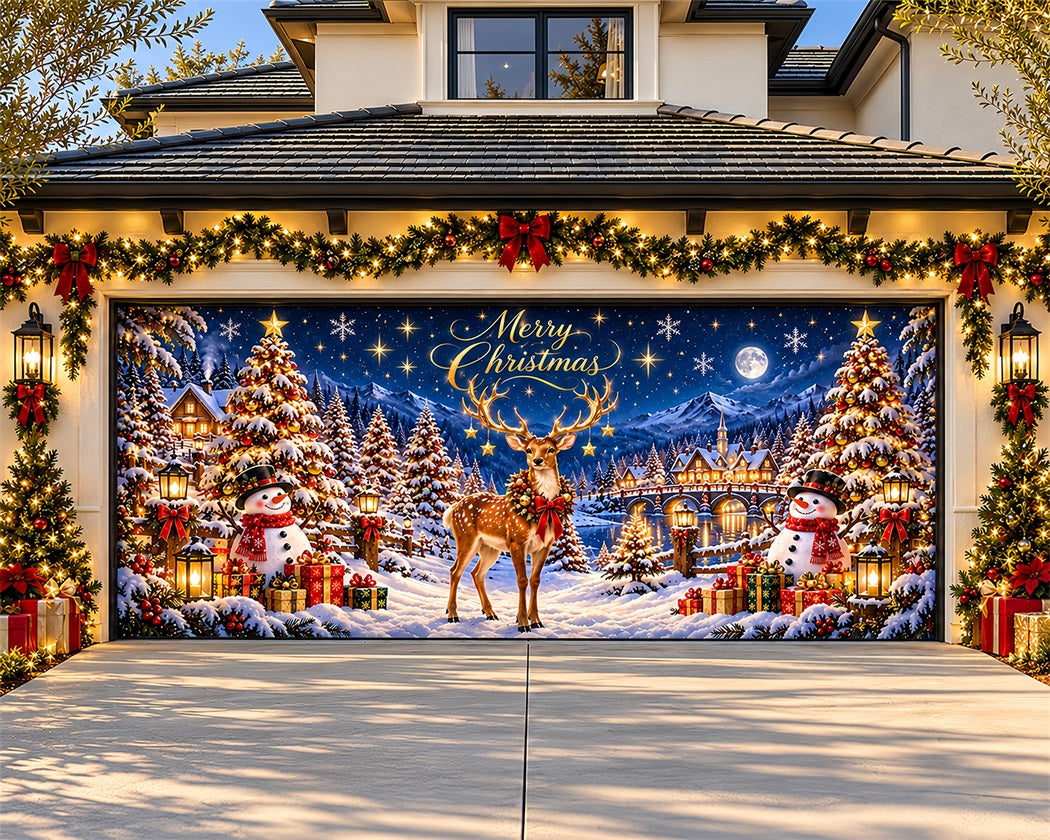 Winter Wonderland Christmas Garage Door Cover Reindeer Moonlit Village Christmas Garage Door Banner Decoration LXX610-18-2 Car