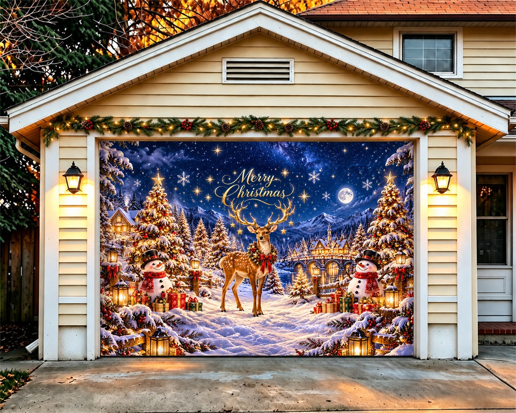 Winter Wonderland Christmas Garage Door Cover Reindeer Moonlit Village Christmas Garage Door Banner Decoration LXX610-18-1 Car
