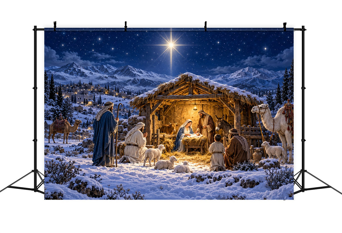 Nativity Scene Backdrop Bethlehem Star Snowy Mountain Christmas Manger Backdrop LXX610-181