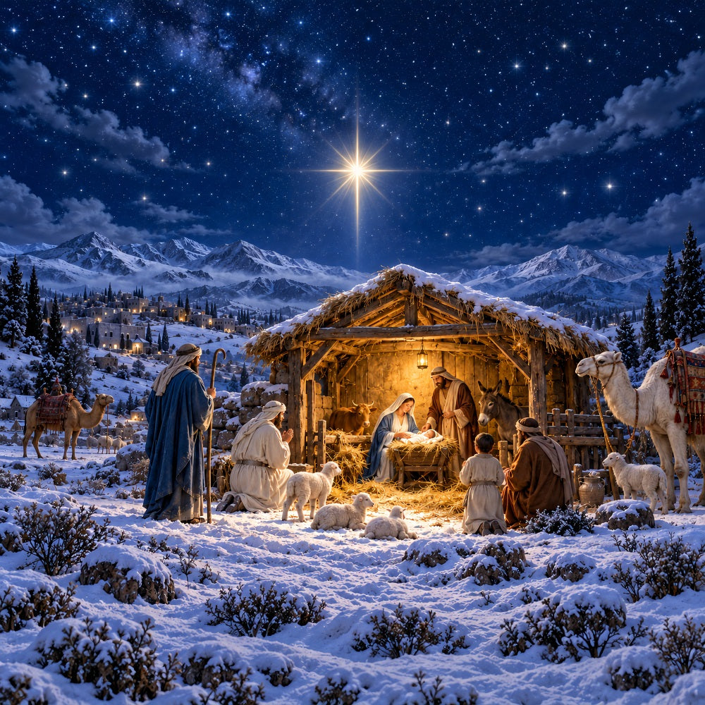 Nativity Scene Backdrop Bethlehem Star Snowy Mountain Christmas Manger Backdrop LXX610-181