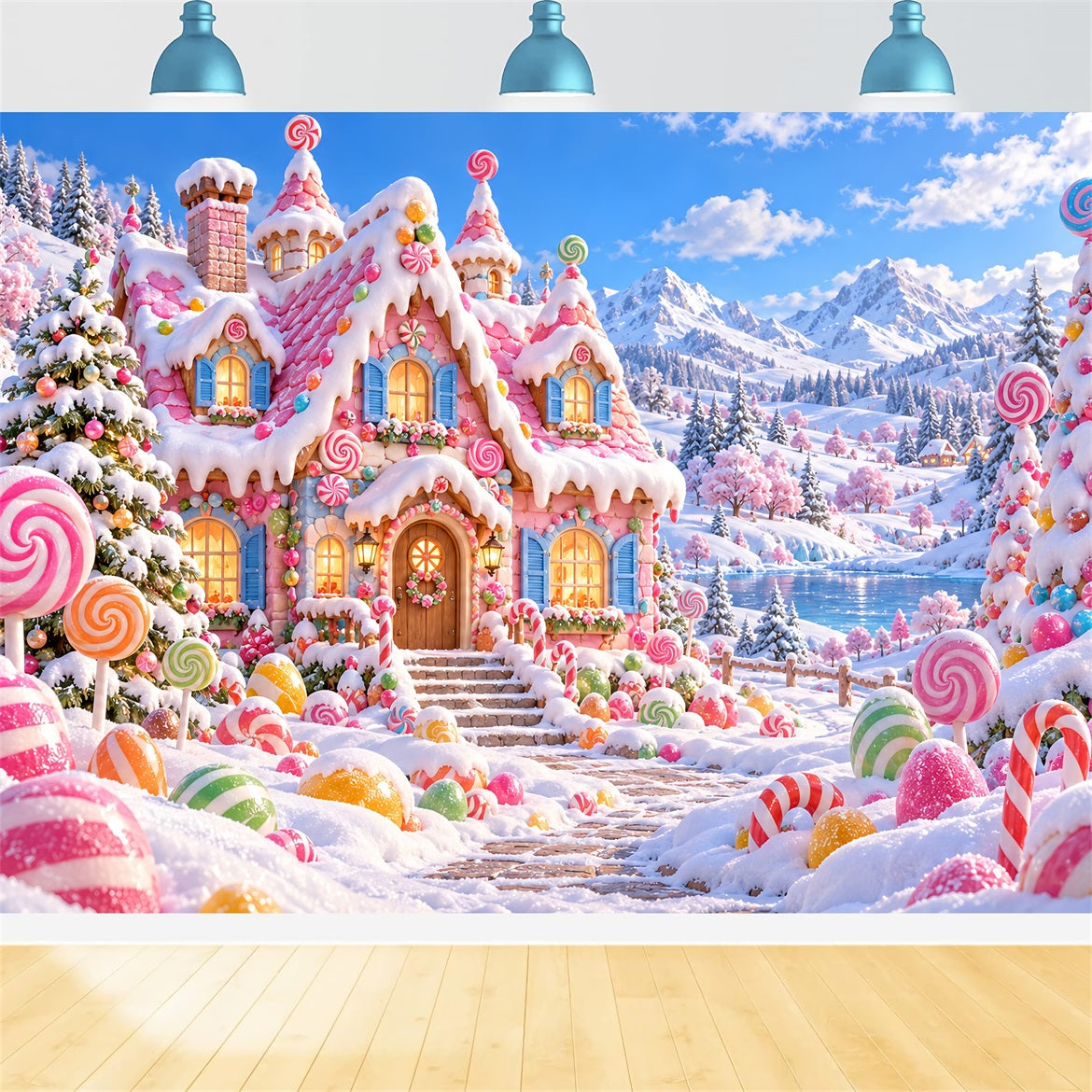 Gingerbread House Backdrop Pink Candy Cottage Wonderland Christmas Wall Backdrops LXX610-182
