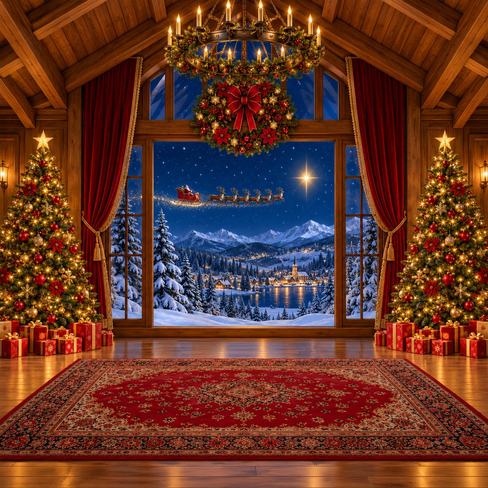 Santa Backdrop Window Sleigh Winter Village Christmas Scene Backdrops LXX610-183