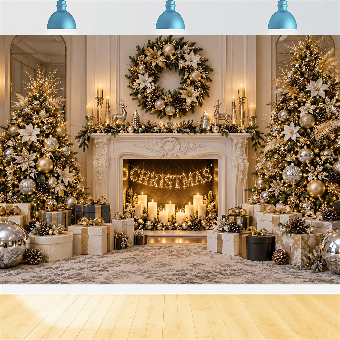 Christmas Photo Backdrop Ivory Gold Fireplace Elegance Christmas Backdrop for Photoshoot LXX610-184