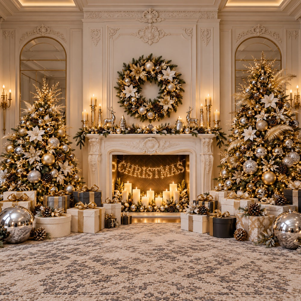 Christmas Photo Backdrop Ivory Gold Fireplace Elegance Christmas Backdrop for Photoshoot LXX610-184