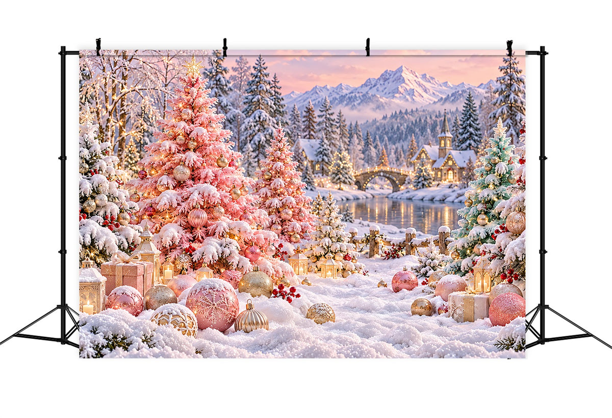 Christmas Tree Backdrops Blush Pink Snowy Village Christmas Stage Backdrop LXX610-185