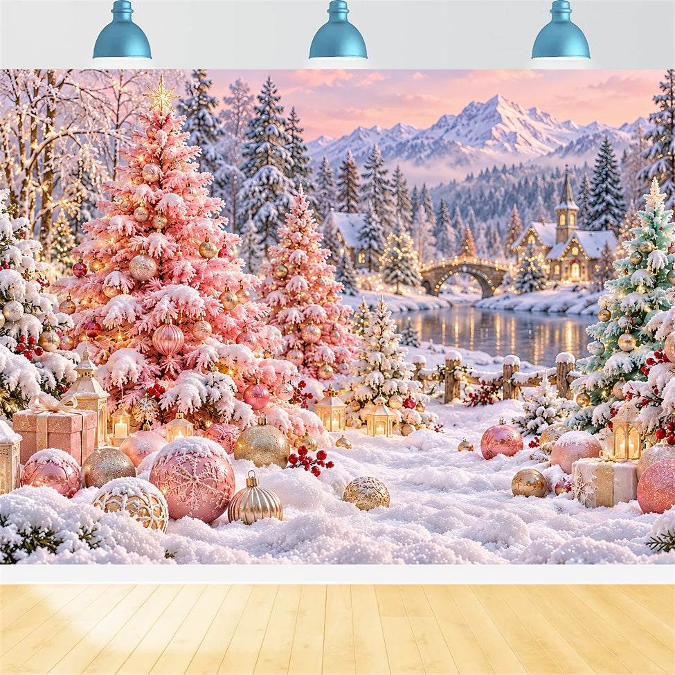 Christmas Tree Backdrops Blush Pink Snowy Village Christmas Stage Backdrop LXX610-185