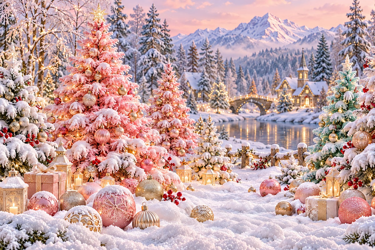 Christmas Tree Backdrops Blush Pink Snowy Village Christmas Stage Backdrop LXX610-185