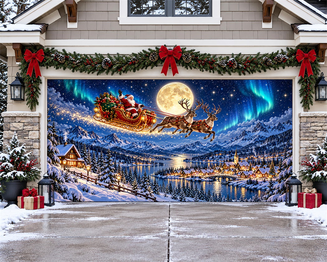 Santa Reindeer Christmas Garage Door Cover Snowy Sleigh Aurora Christmas Garage Door Cover LXX610-19-2 Car