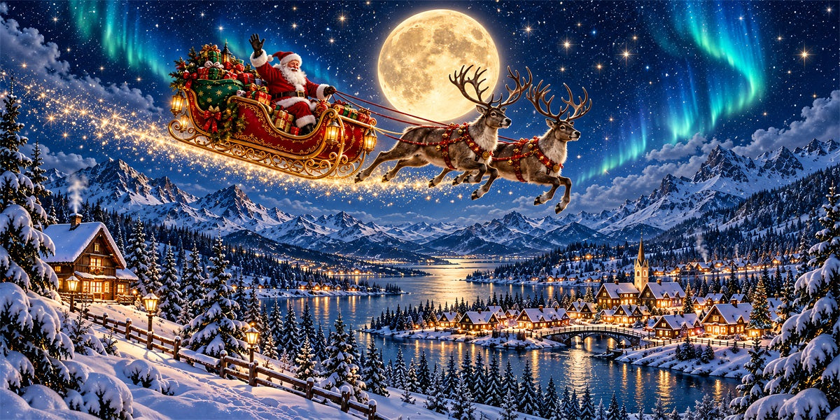 Santa Reindeer Christmas Garage Door Cover Snowy Sleigh Aurora Christmas Garage Door Cover LXX610-19-2 Car