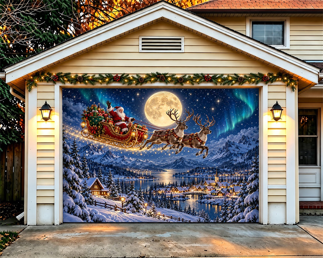 Santa Reindeer Christmas Garage Door Cover Snowy Sleigh Aurora Christmas Garage Door Cover LXX610-19-1 Car