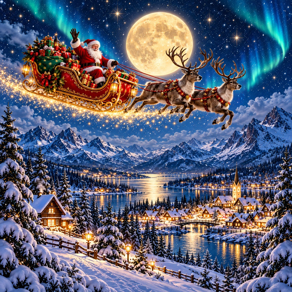 Santa Reindeer Christmas Garage Door Cover Snowy Sleigh Aurora Christmas Garage Door Cover LXX610-19-1 Car