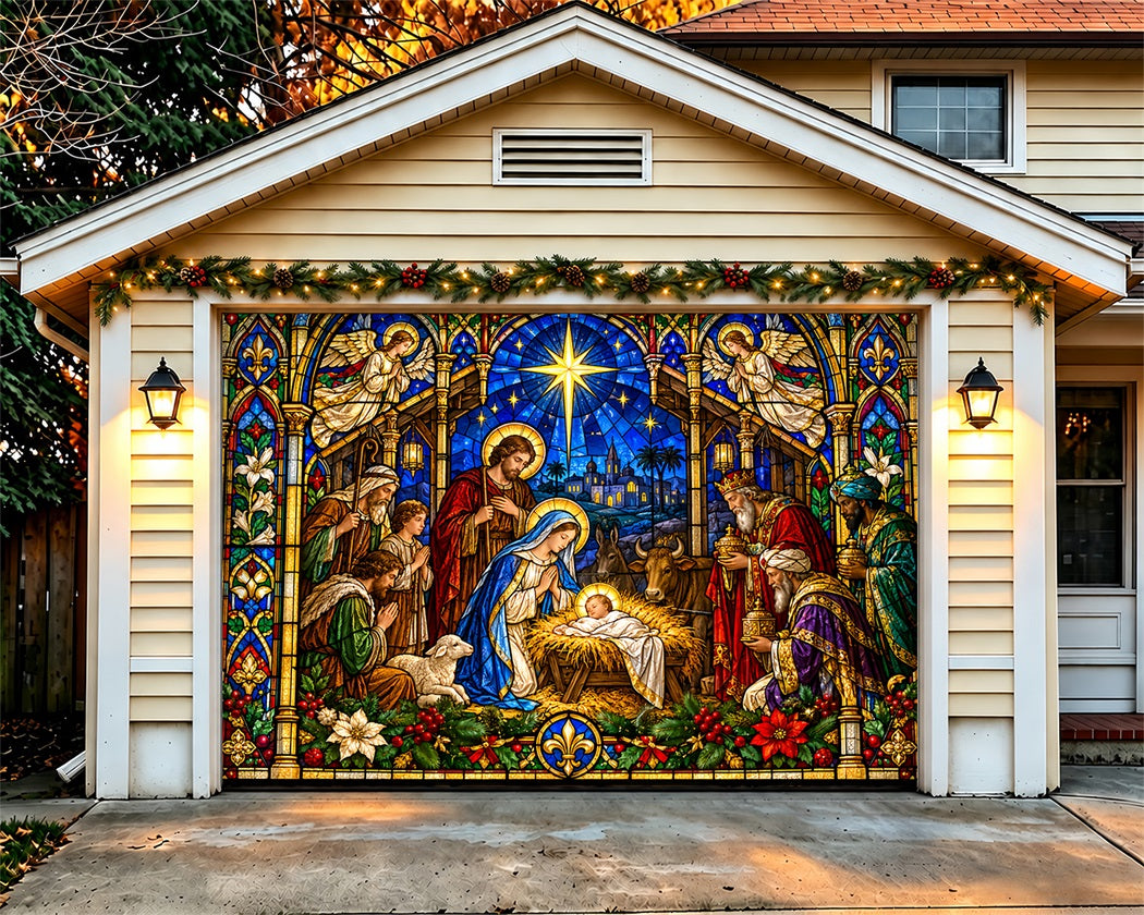 Church Christmas Garage Door Banner Stained Glass Nativity Christmas Garage Door Decoration LXX610-2-1 Car