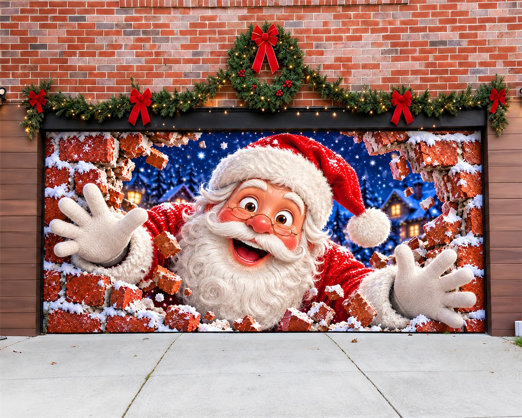 Santa Claus Christmas Garage Door Cover Red Brick Peek Christmas Garage Door Cover LXX610-25-2 Car