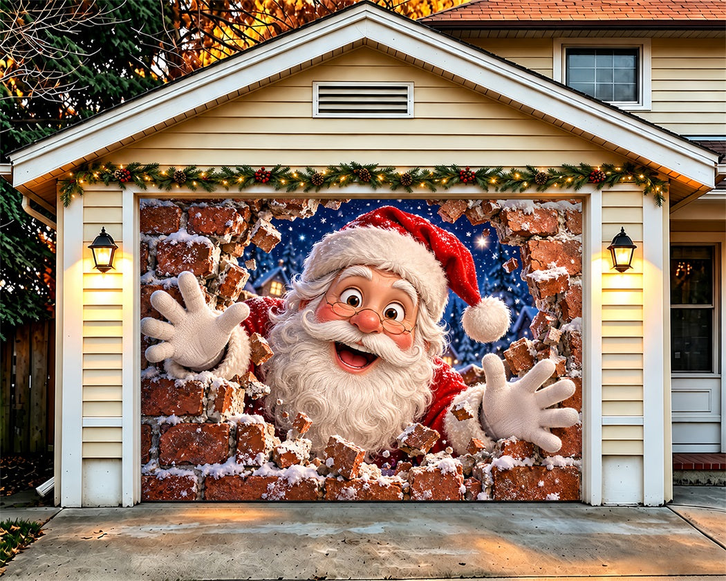 Santa Claus Christmas Garage Door Cover Red Brick Peek Christmas Garage Door Cover LXX610-25-1 Car