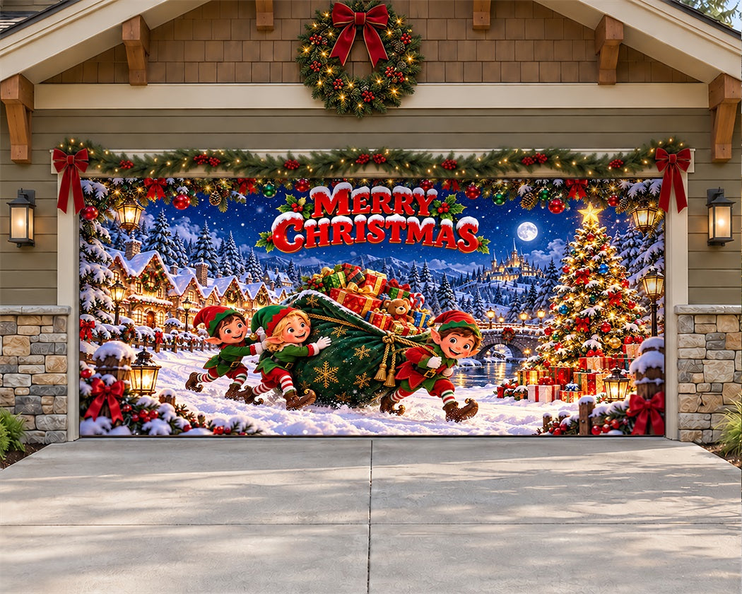 Elf Christmas Garage Door Banner Snowy Gift Sleigh Christmas Outdoor Garage Door Decor LXX610-26-2 Car