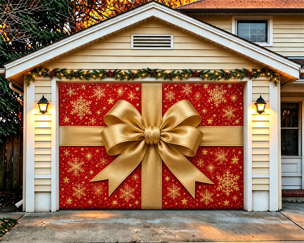 Christmas Gift Box Garage Door Banner Golden Ribbon Bow Christmas Garage Door Banner Decoration LXX610-27-1 Car