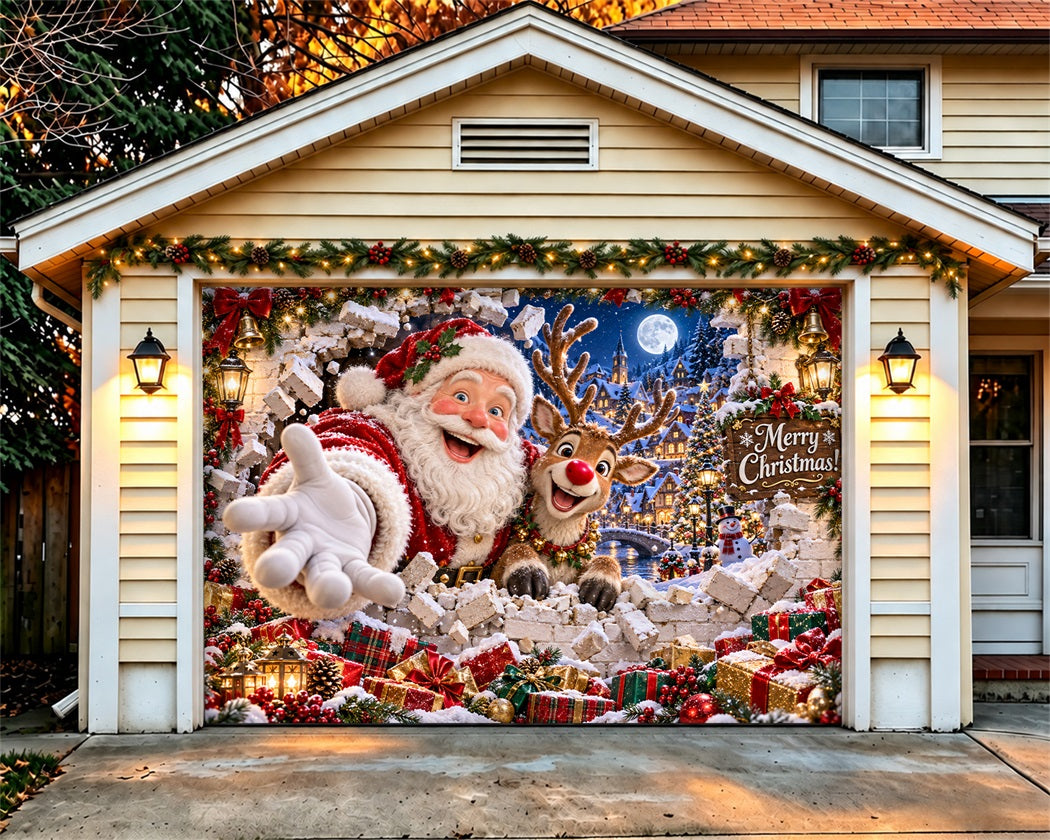 Santa Christmas Garage Door Cover Village Reindeer Greeting Christmas Garage Door Cover LXX610-28-1 Car