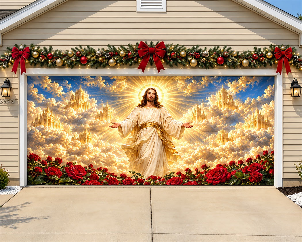 Religious Christmas Garage Door Cover Heavenly Golden Clouds Christmas Garage Door Decor LXX610-3-2 Car