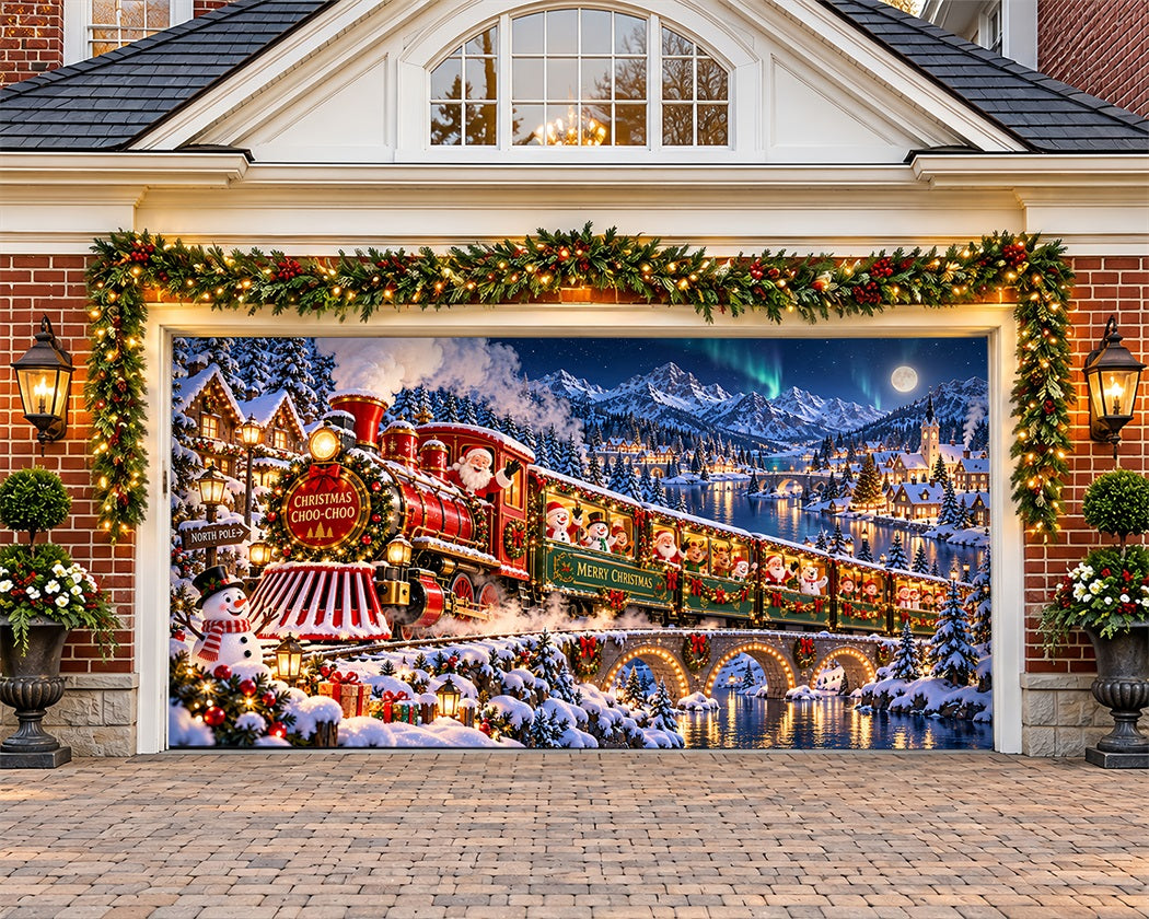 Train Christmas Garage Door Cover Aurora Forest Bridge Christmas Garage Door Decor LXX610-30-2 Car