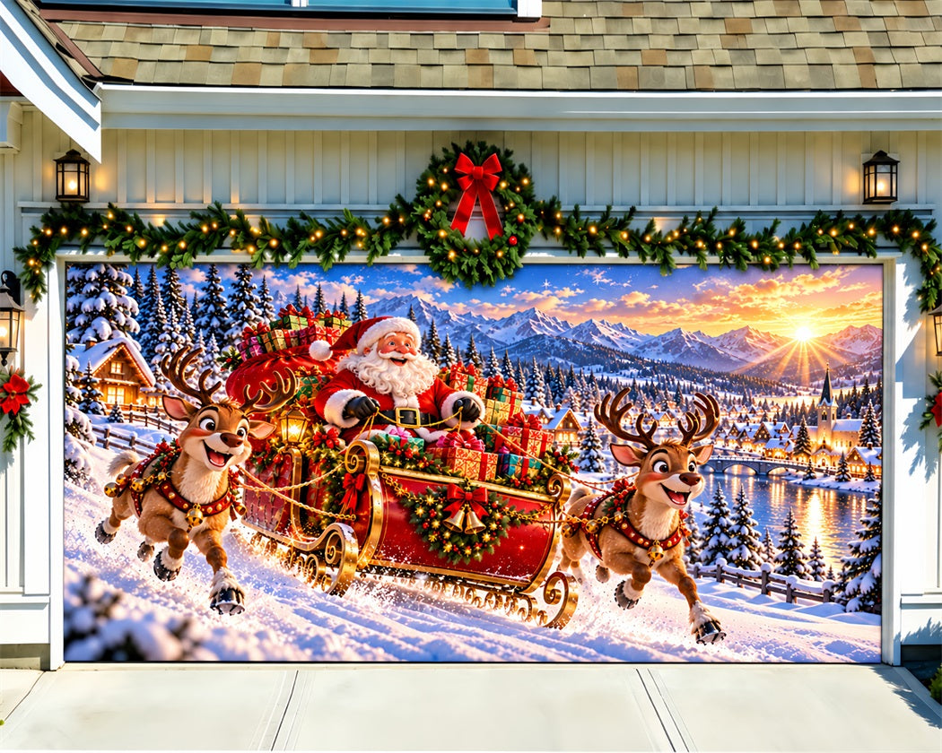 Santa Reindeer Christmas Garage Door Banner Snowy Mountain Sleigh Christmas Garage Door Banner LXX610-31-2 Car