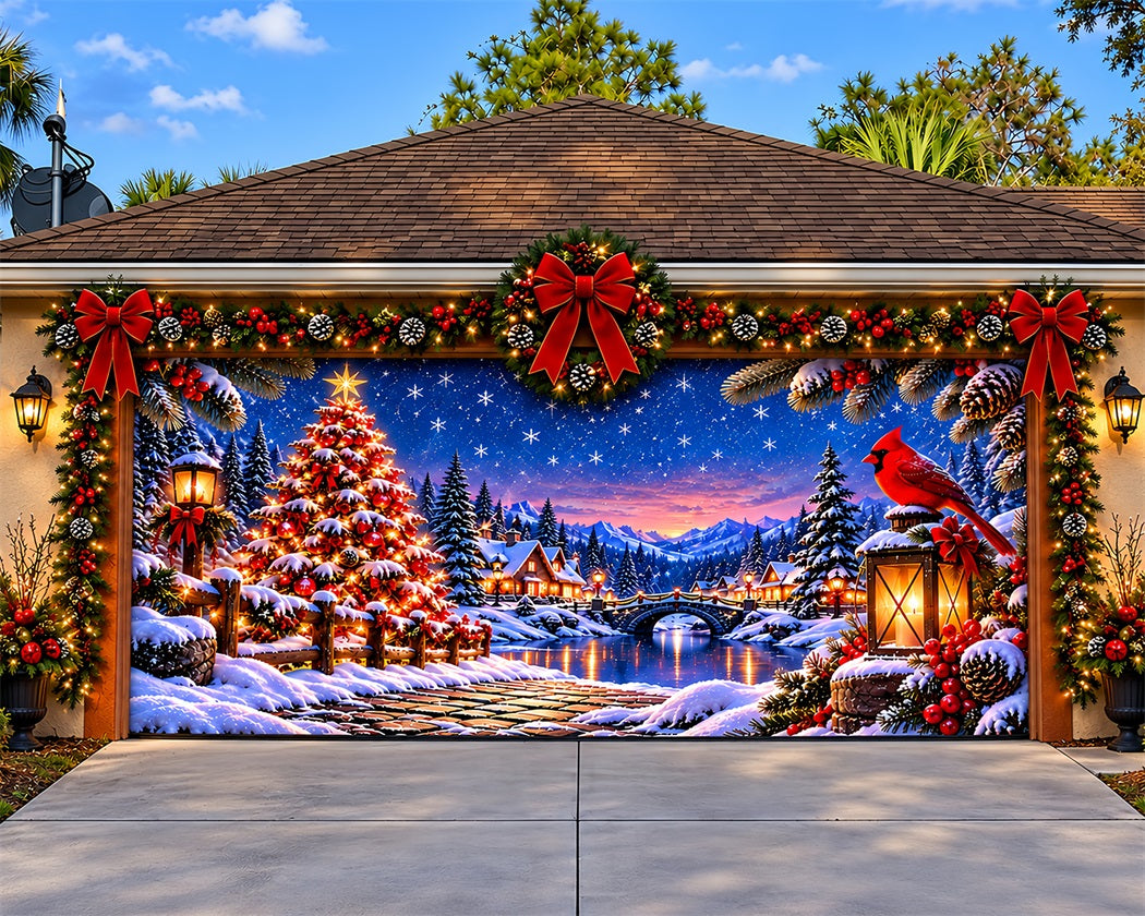 Snow Scene Christmas Garage Door Cover Cardinal Starry Village Outdoor Christmas Garage Door Cover LXX610-33-2 Car