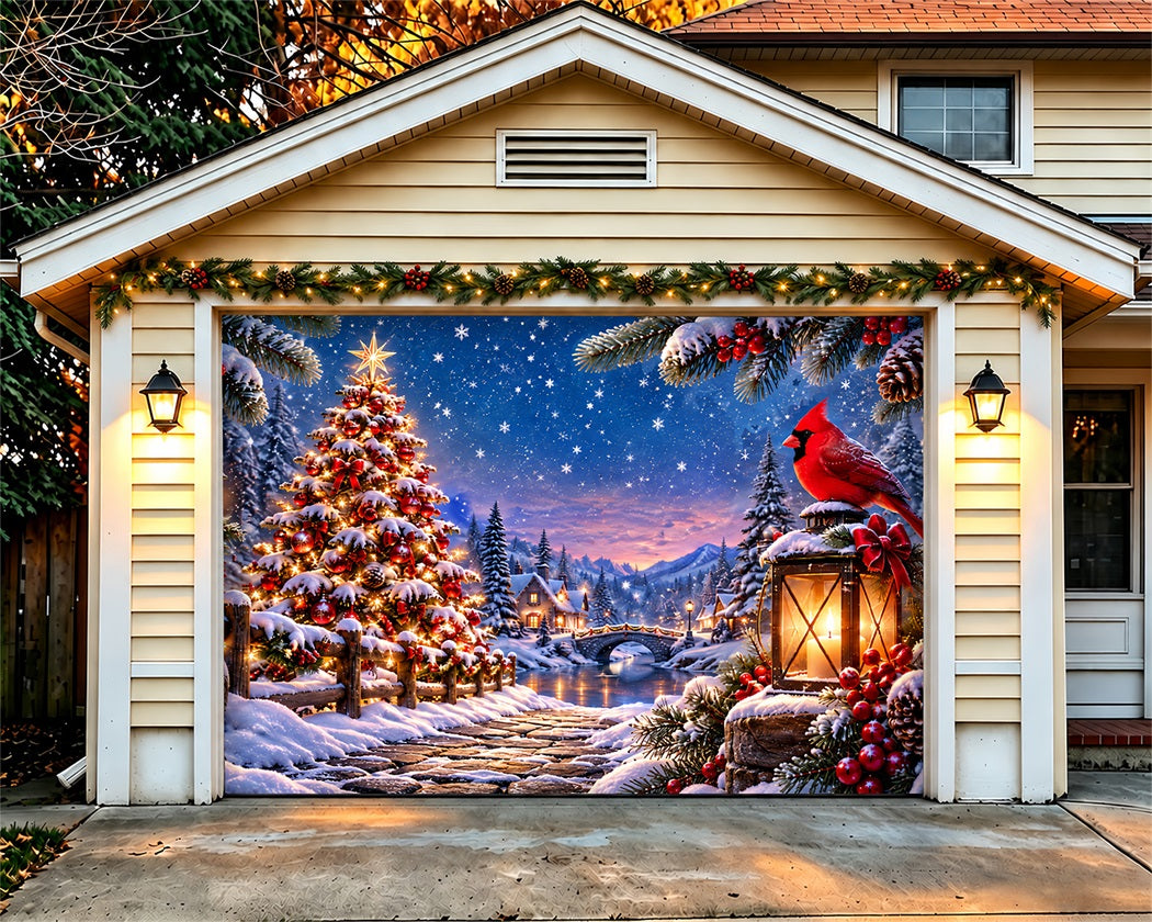 Snow Scene Christmas Garage Door Cover Cardinal Starry Village Outdoor Christmas Garage Door Cover LXX610-33-1 Car