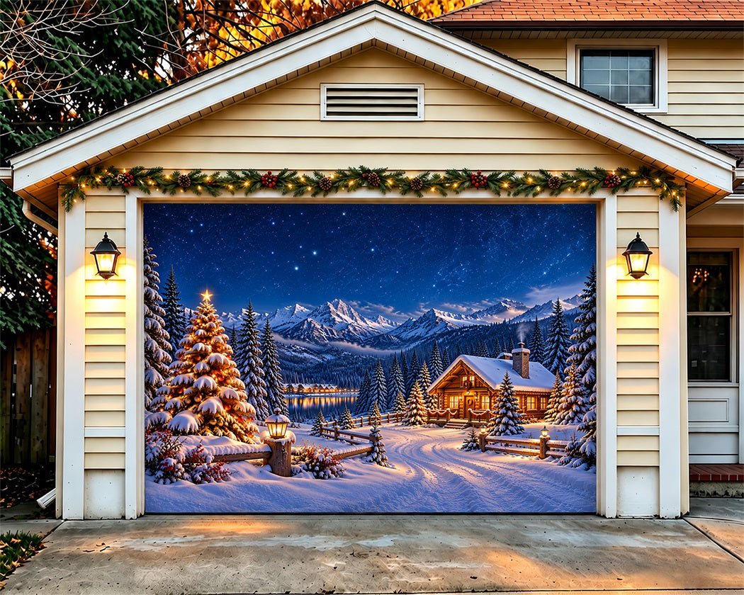 Snow Village Christmas Garage Door Cover Mountain Cabin Starlight Christmas Outdoor Garage Door Cover LXX610-34-1 Car