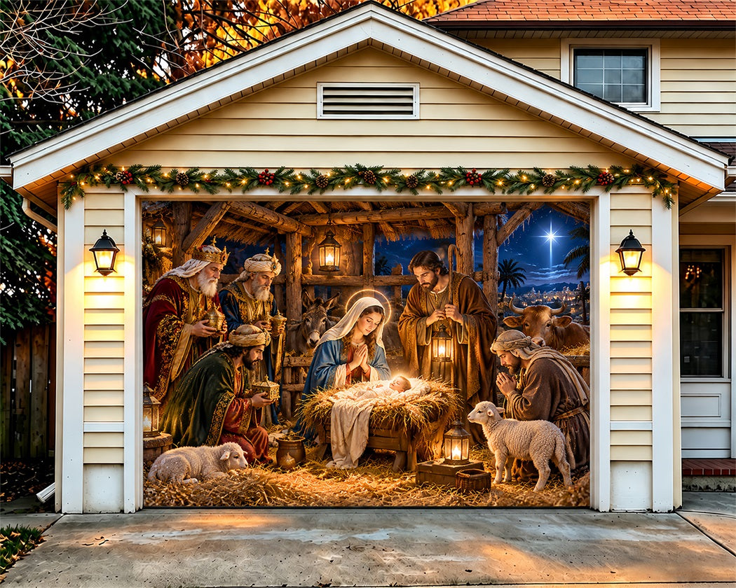 Nativity Christmas Garage Door Cover Manger Stable Star Christmas Garage Door Banner Decoration LXX610-36-1 Car