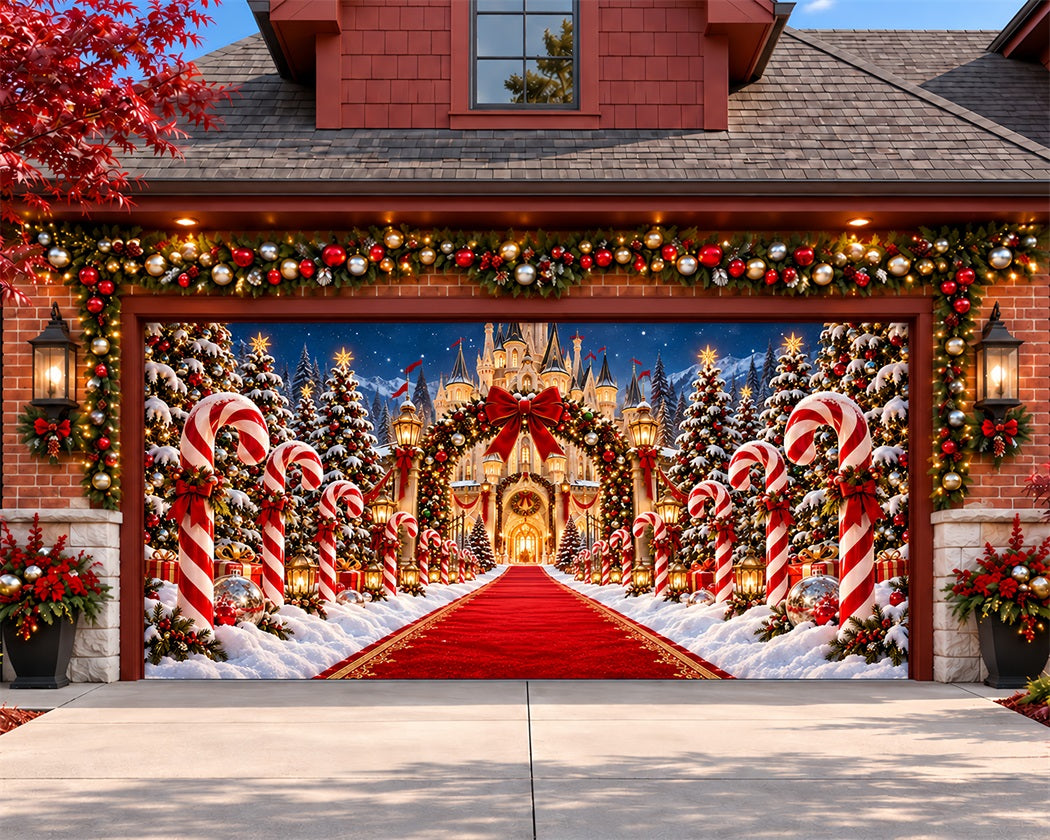 Candy Cane Christmas Garage Door Cover Castle Path Carpet Outdoor Christmas Garage Door Decoration LXX610-41-2 Car