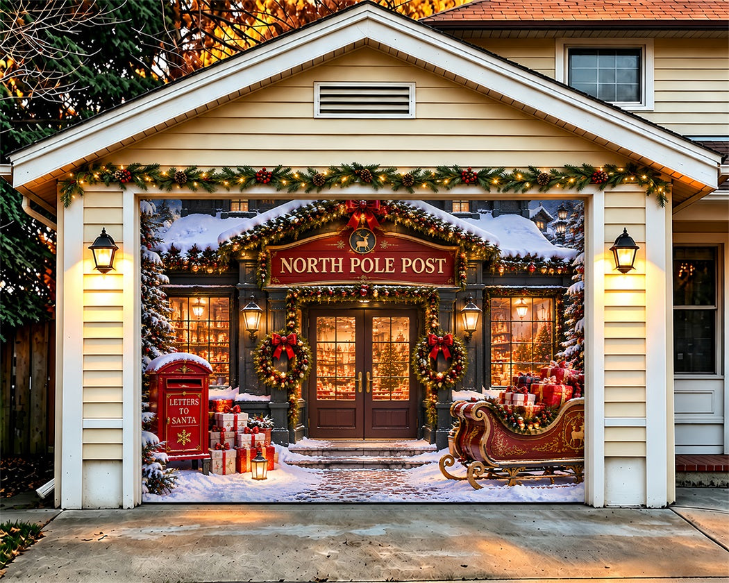North Pole Christmas Garage Door Cover Sleigh Post Office Outdoor Christmas Garage Door Cover LXX610-42-1 Car