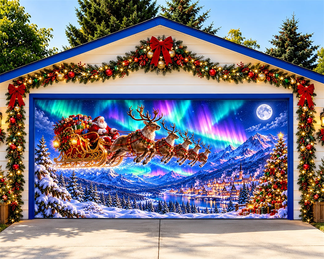 Santa Reindeer Christmas Garage Door Banner Wonderland Aurora Sleigh Christmas Holiday Garage Door Cover LXX610-43-2 Car