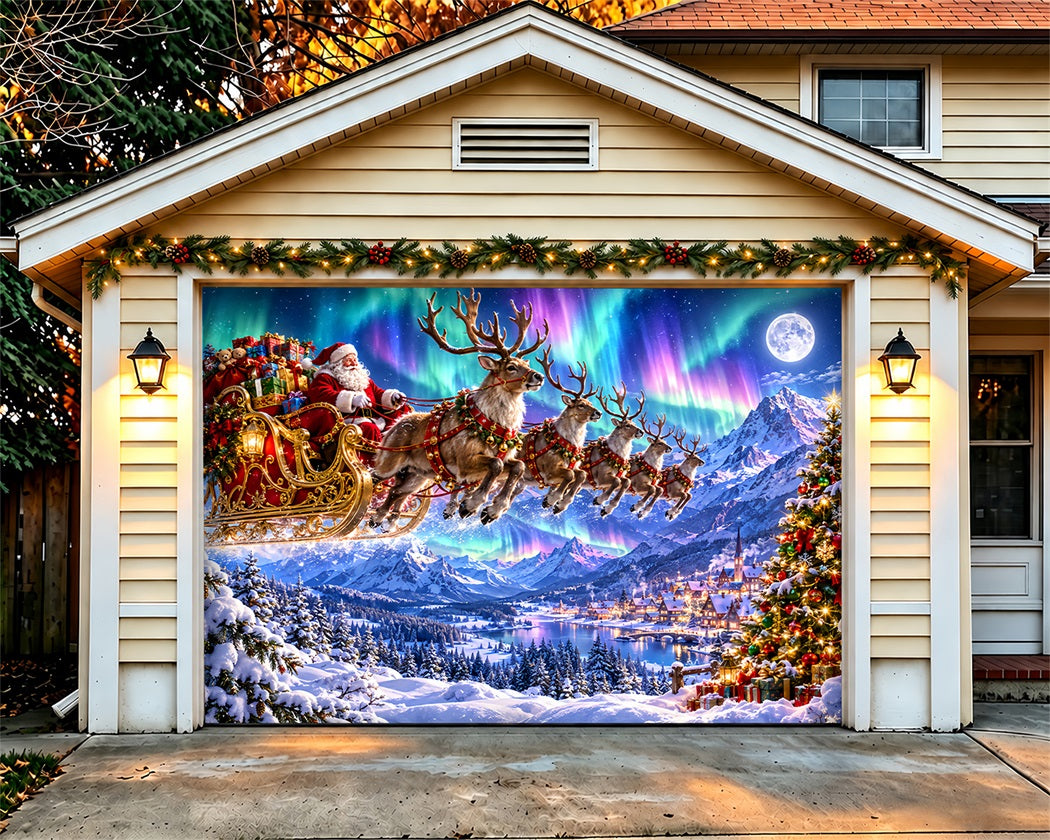 Santa Reindeer Christmas Garage Door Banner Wonderland Aurora Sleigh Christmas Holiday Garage Door Cover LXX610-43-1 Car