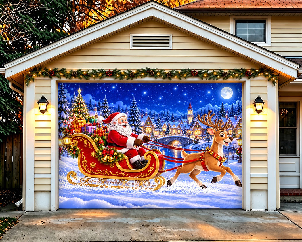 Santa Reindeer Christmas Garage Door Banner Snowy Forest Village Christmas Garage Door Decoration LXX610-47-1 Car