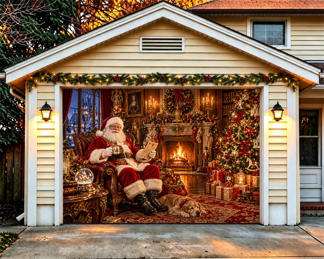 Santa Fireplace Christmas Garage Door Cover Cozy Gift Tree Christmas Garage Door Decoration LXX610-56-1 Car