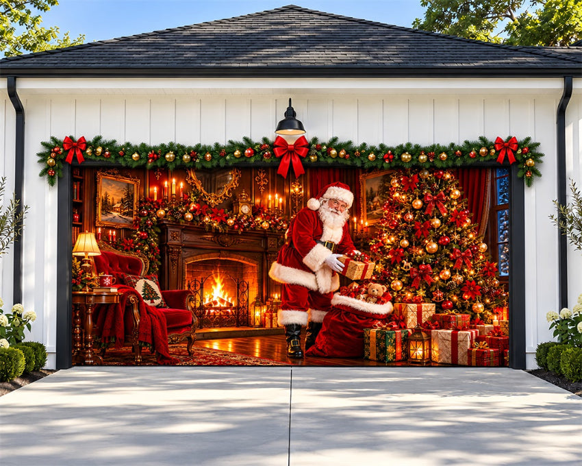Santa Fireplace Christmas Garage Door Cover Toy Gift Ornament Christmas Garage Door Banner LXX610-58-2 Car