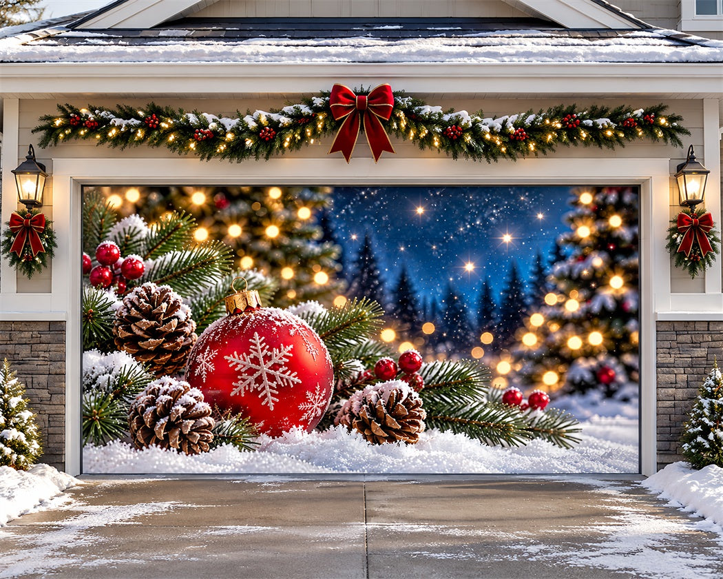 Christmas Ball Garage Door Cover Snowy Ornament Pinecones Outdoor Christmas Garage Door Cover LXX610-60-2 Car