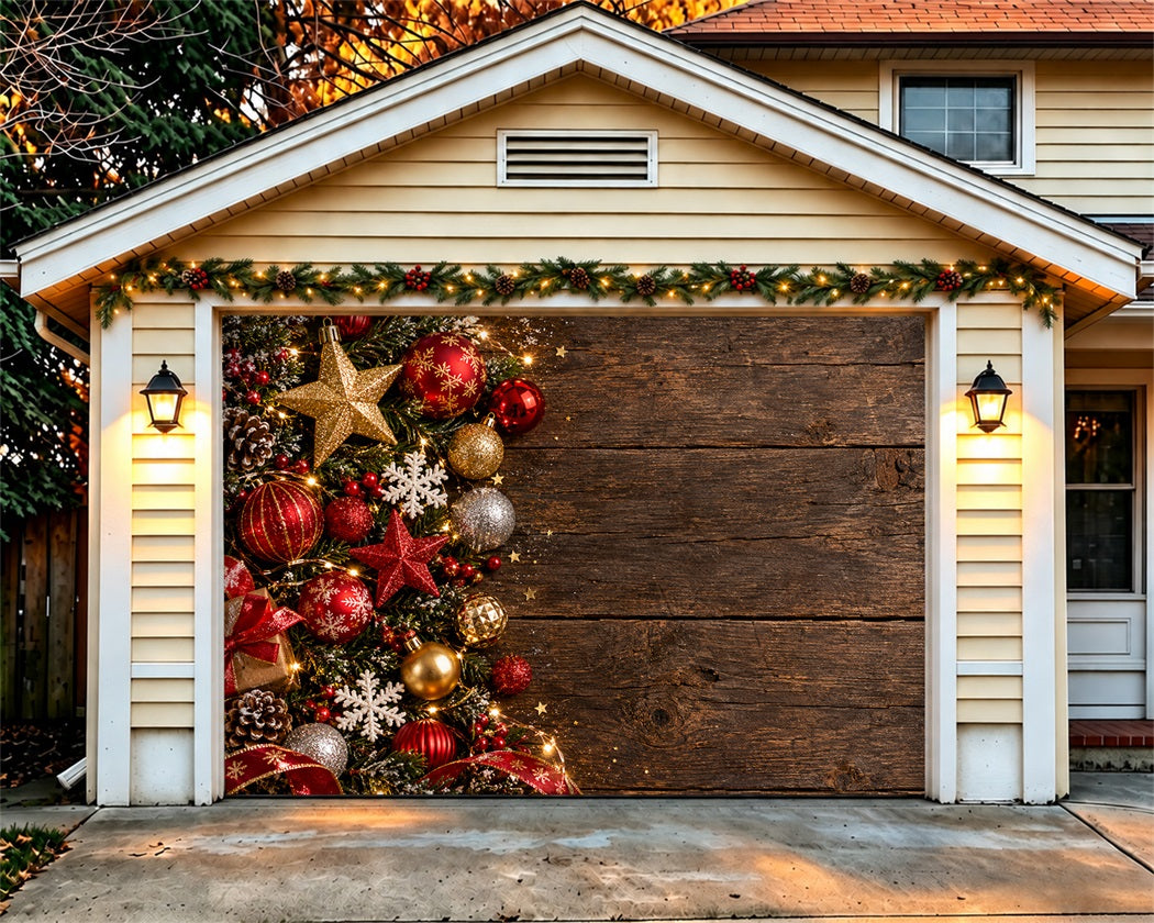 Christmas Ornament Garage Door Cover Rustic Wood Garland Christmas Holiday Garage Door Cover LXX610-61-1 Car