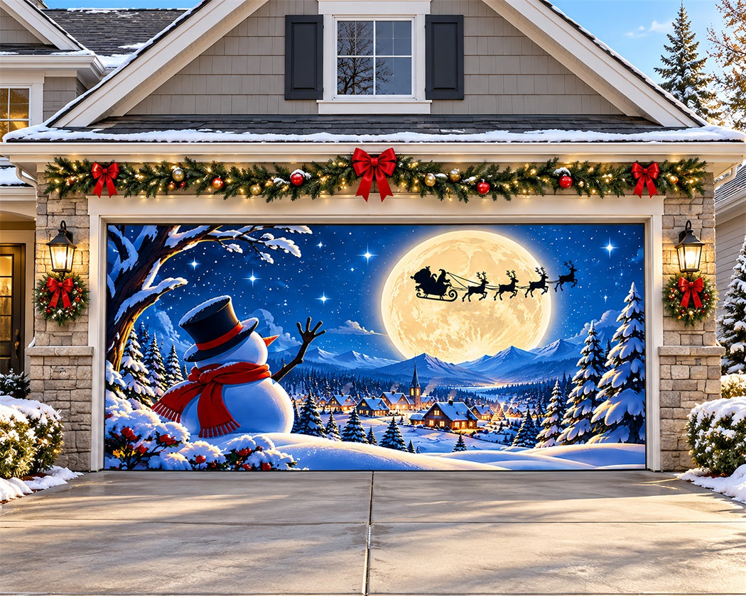 Snow Village Christmas Garage Door Cover Moonlit Santa Sleigh Christmas Outdoor Garage Door Decor LXX610-62-2 Car