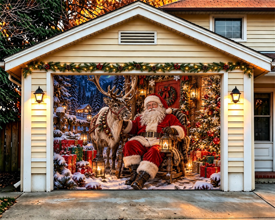 Santa Claus Christmas Garage Door Cover Reindeer Cabin Wreath Christmas Garage Door Banner LXX610-67-1 Car