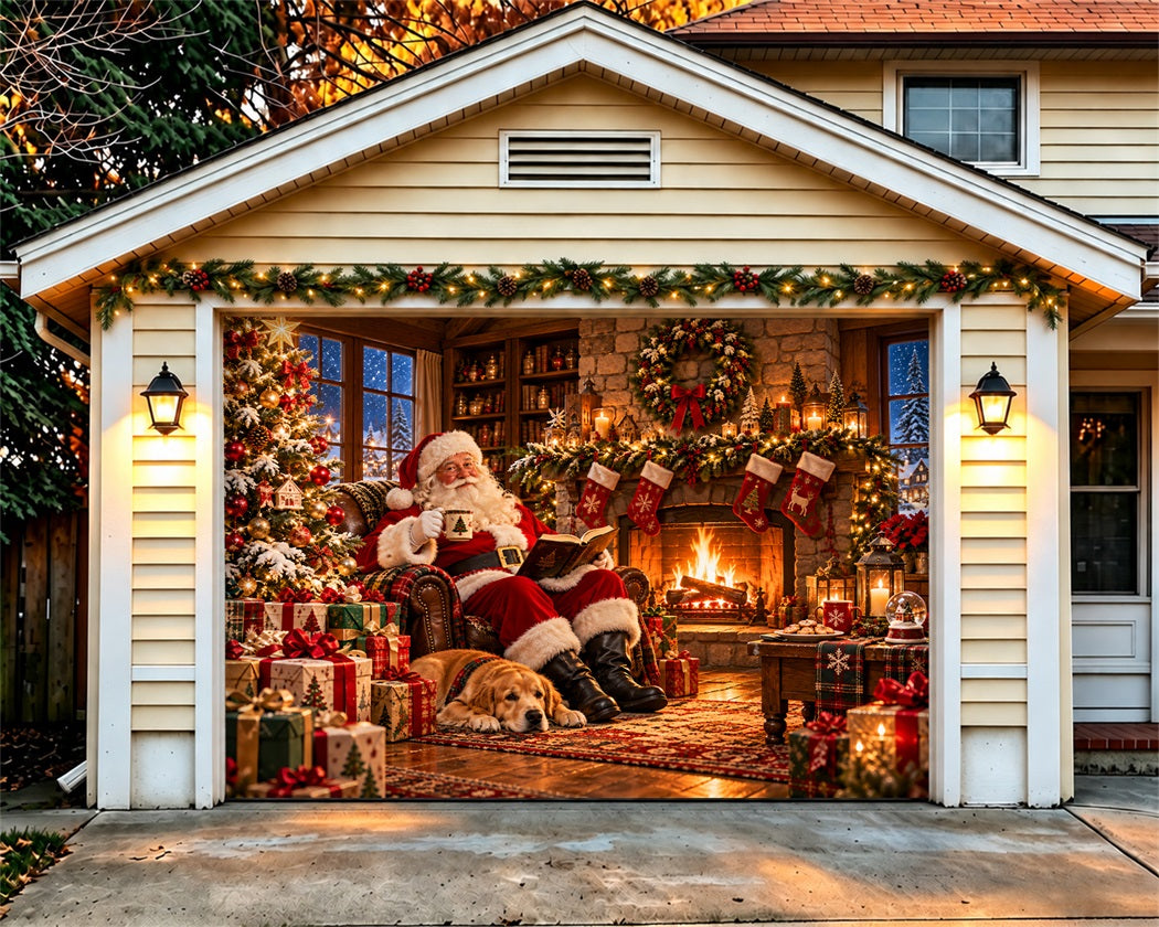 Cozy Christmas Garage Door Cover Santa Fireplace Reading Christmas Outdoor Garage Door Decor LXX610-71-1 Car