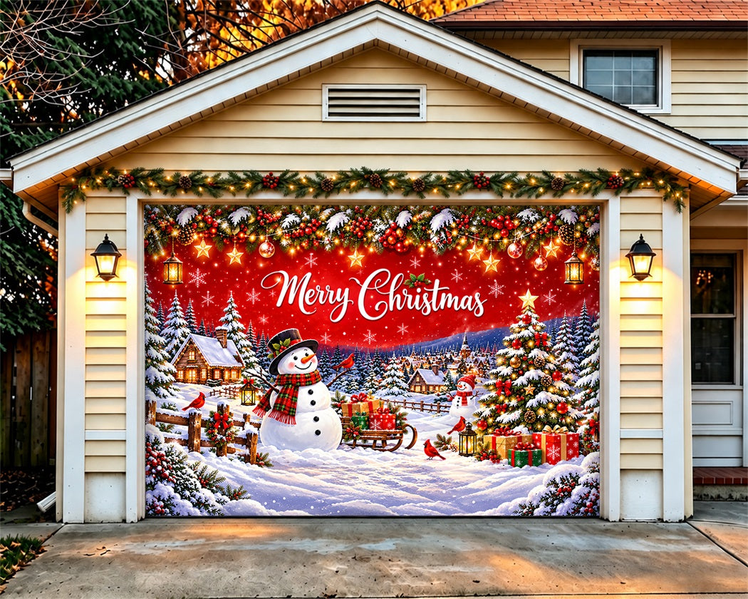 Whimsical Christmas Garage Door Cover Snowman Sleigh Village Christmas Garage Door Banner Decoration LXX610-72-1 Car