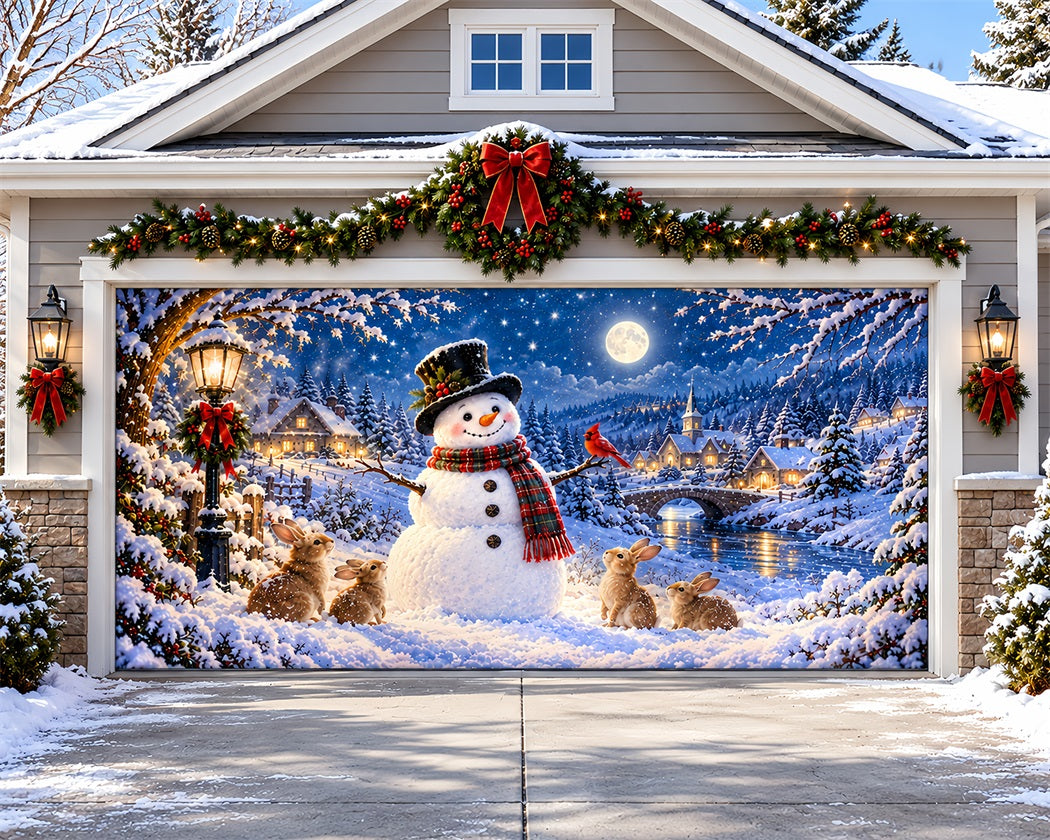 Snow Scene Christmas Garage Door Cover Snowman Rabbit Village Christmas Garage Door Banner LXX610-76-2 Car