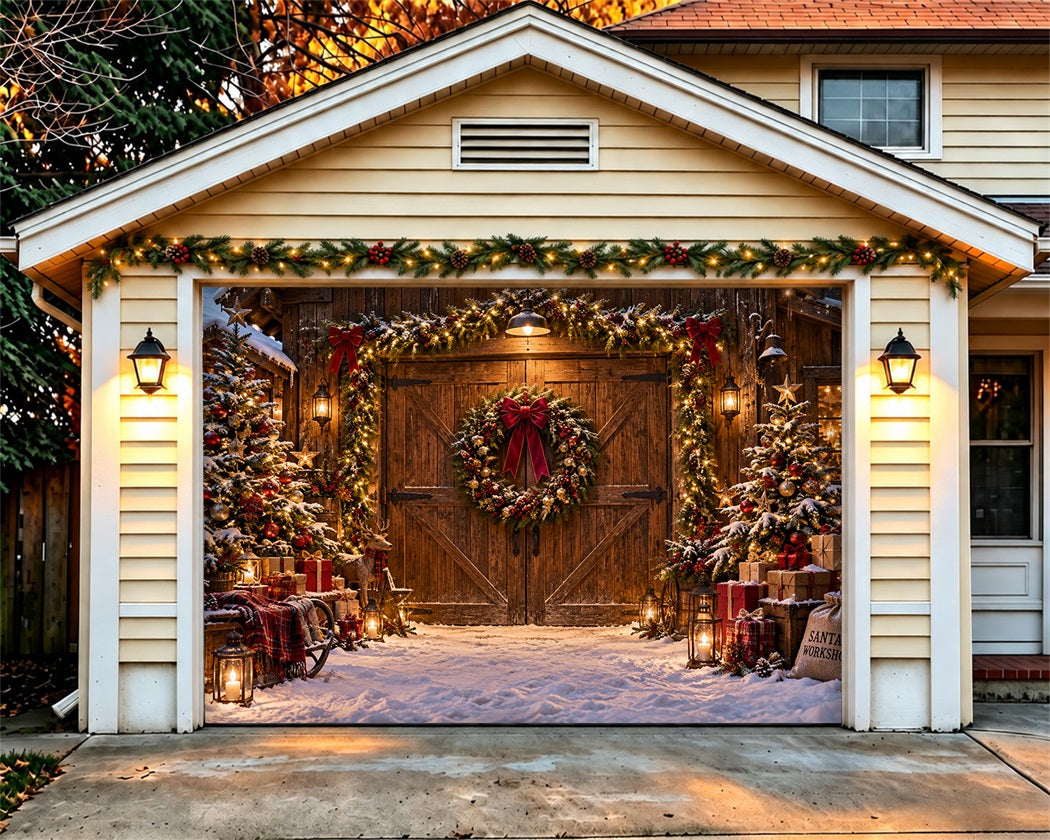 Farmhouse Christmas Garage Door Cover Rustic Barn Wreath Outdoor Christmas Garage Door Decoration LXX610-77-1 Car