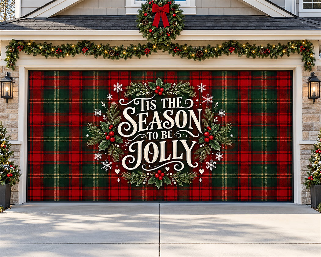 Modern Christmas Garage Door Cover Tartan Holly Typography Christmas Garage Door Decor LXX610-80-2 Car