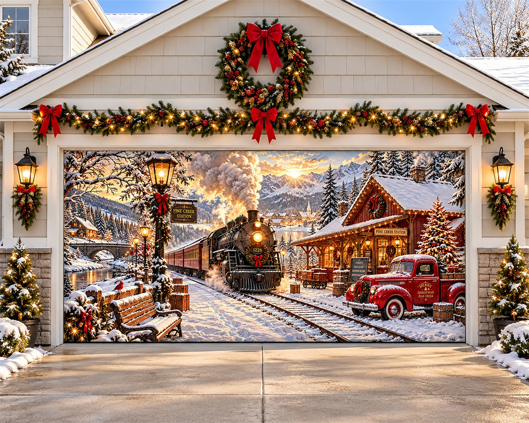 Train Christmas Garage Door Cover Snowy Station Truck Christmas Garage Door Banner Decoration LXX610-81-2 Car