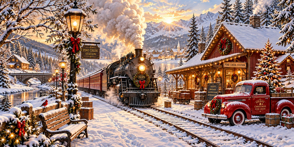 Train Christmas Garage Door Cover Snowy Station Truck Christmas Garage Door Banner Decoration LXX610-81-2 Car