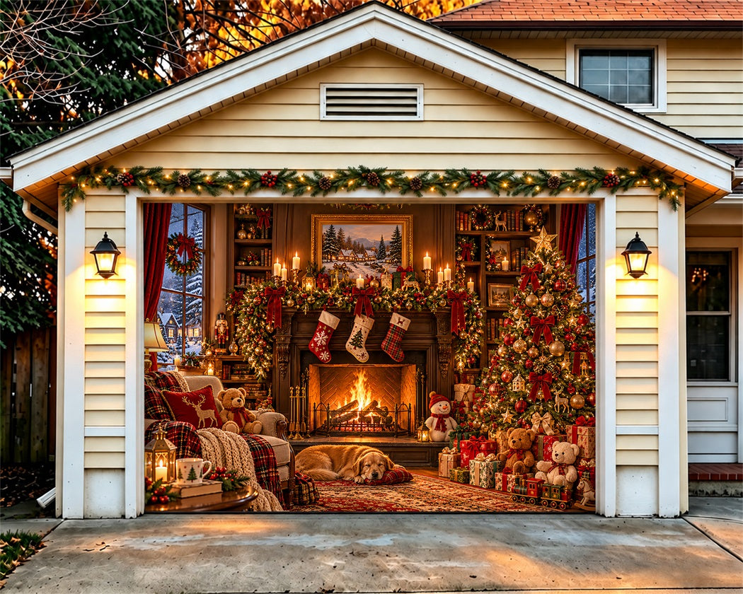 Cozy Christmas Garage Door Cover Fireplace Gift Tree Christmas Garage Door Decor LXX610-84-1 Car