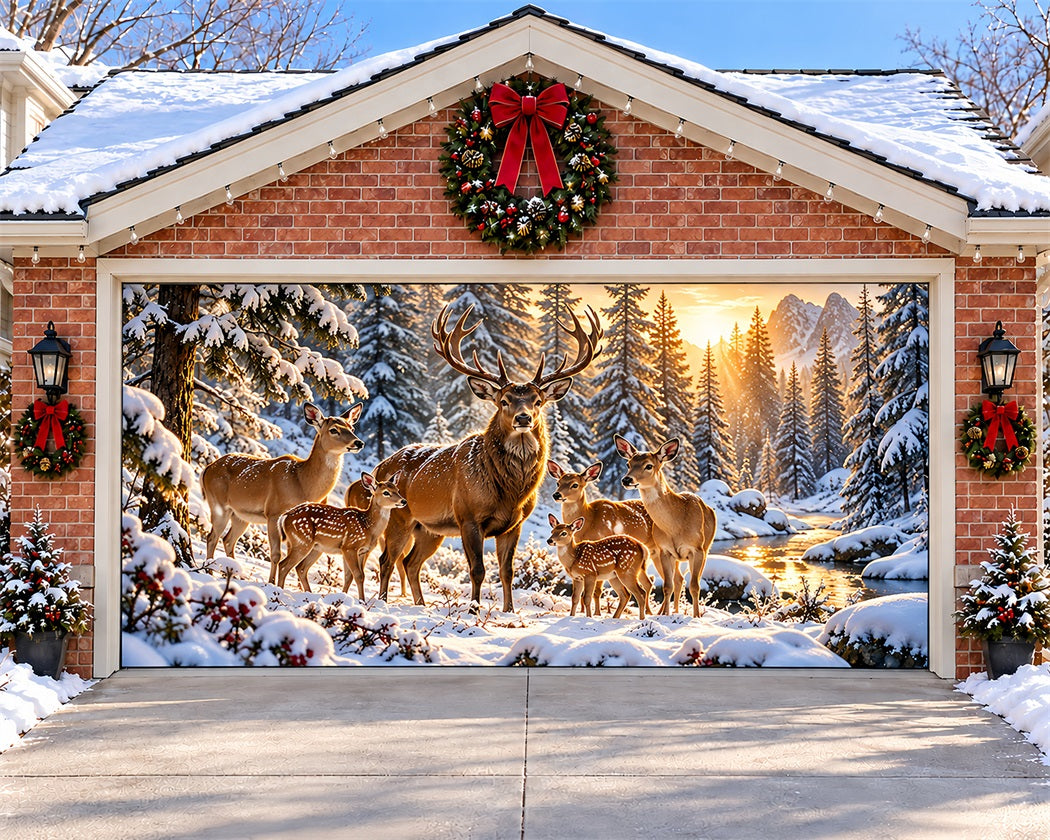 Reindeer Christmas Garage Door Cover Snowy Forest Family Christmas Outdoor Garage Door Decor LXX610-89-2 Car